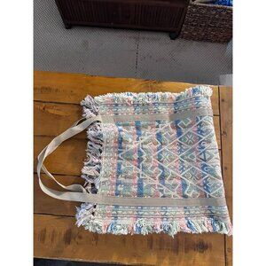 Boho Style Woven Tote Bag With Fringe Multicolor Aztec Pattern Dual Handles 15"